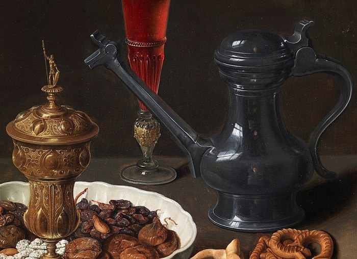 Still life with flowers goblet dried fruit and pretzels