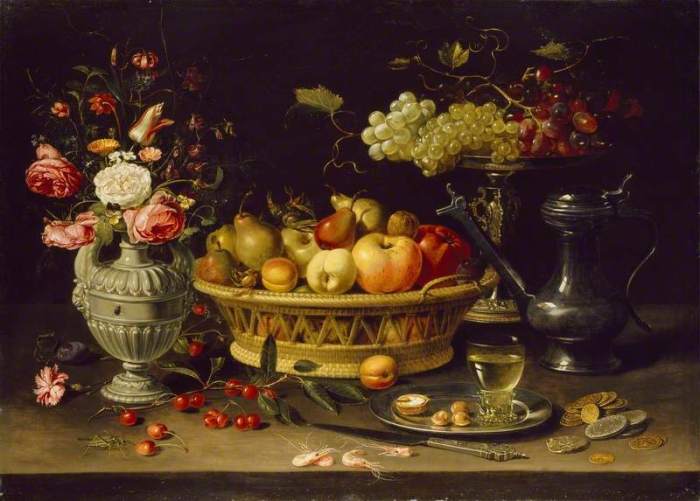 Still life with flowers goblet dried fruit and pretzels