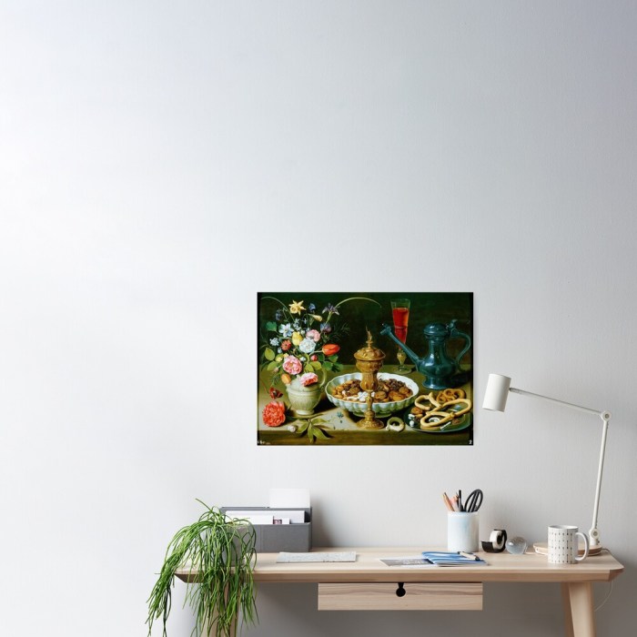 Still life with flowers goblet dried fruit and pretzels